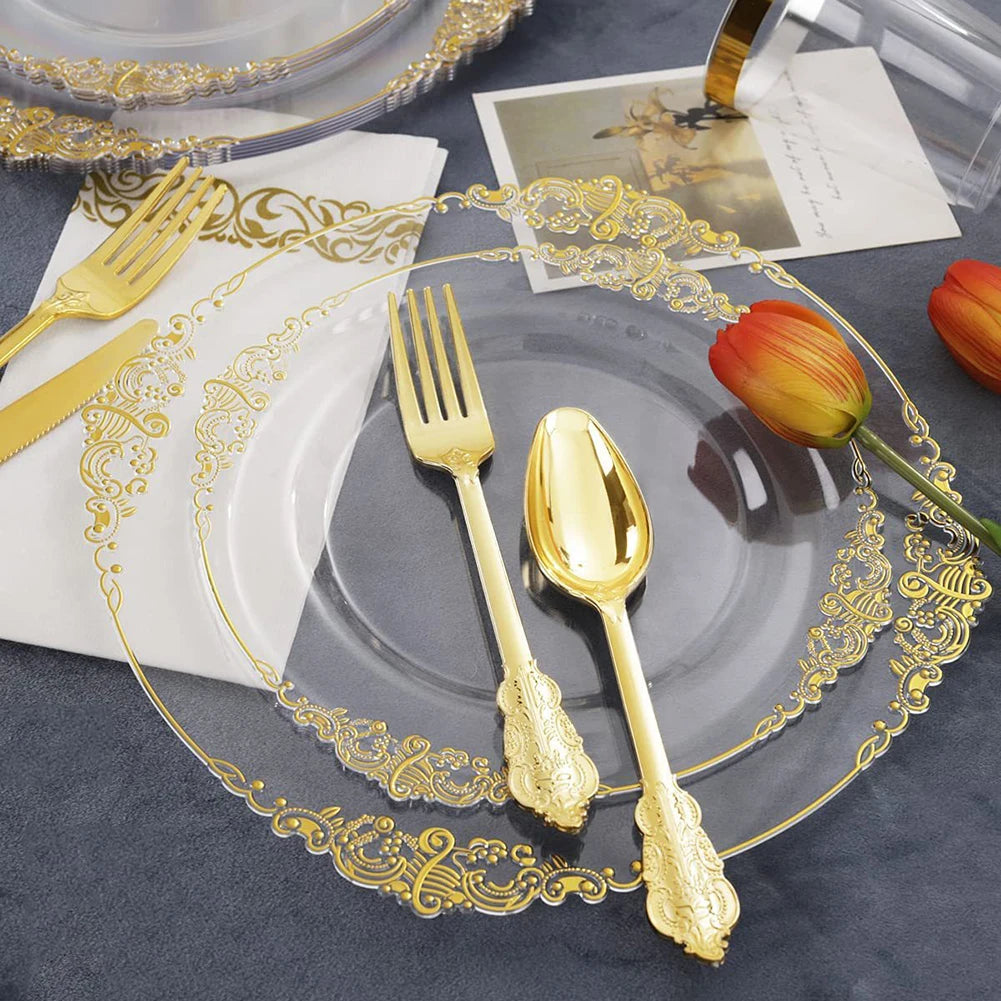 giftss - Plastic Plates Gold Disposable Dinner, 25PCS