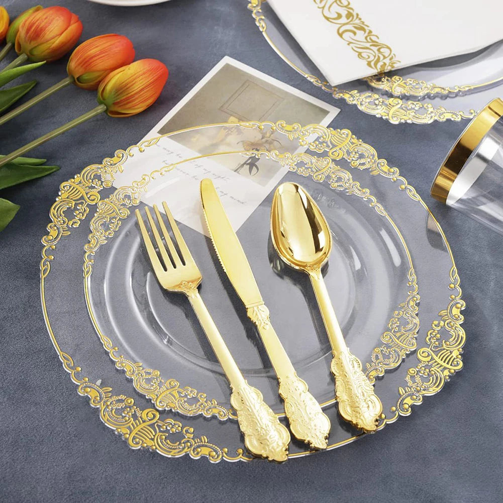 giftss - Plastic Plates Gold Disposable Dinner, 25PCS